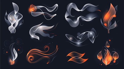 glowing abstract elements on a dark background with multiple patterns and textures, forming shapes and textures of flames and light