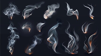 Collection of smoke and fire elements on dark background