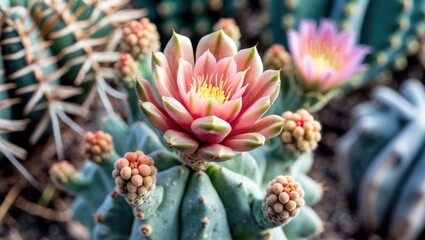 Beautiful Vibrant Cactus Flower Surrounded by Succulents in Natural Desert Environment Showcasing Drought-Resistant Adaptations and Unique Flora.