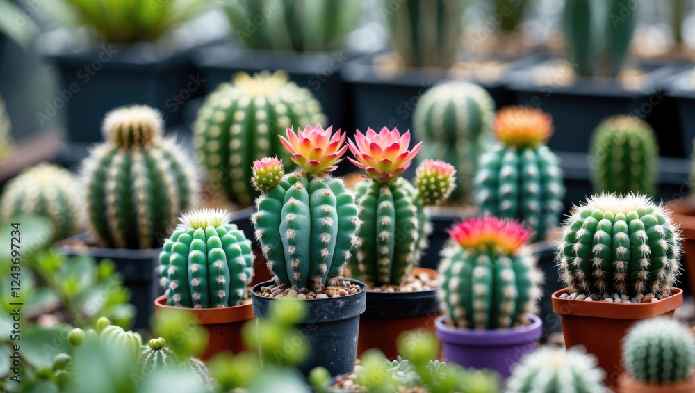 Aufkleber colorful mini cacti displayed in pots surrounded by greenery with blurred background for visual inte