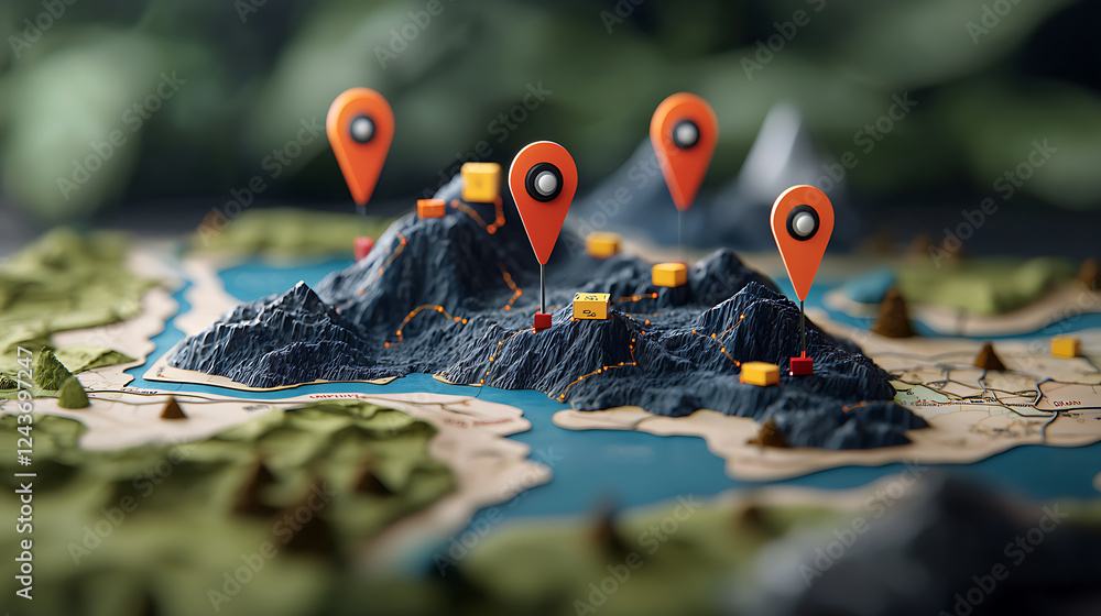Poster exploring interactive 3d maps with location markers digital landscape visual content nature setting 