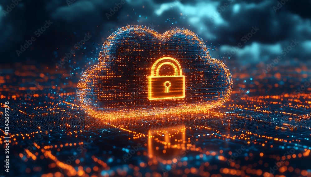 Poster a secure cloud storage representation featuring a metallic microchip and a golden padlock