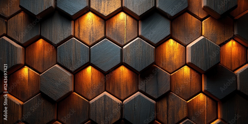 Poster close up of intricate wooden wall with hexagonal shapes and herringbone texture background