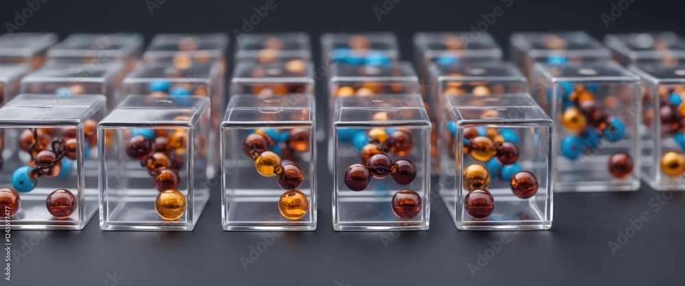 Poster interconnected transparent cubes filled with colorful beads arranged on a dark background showcasing
