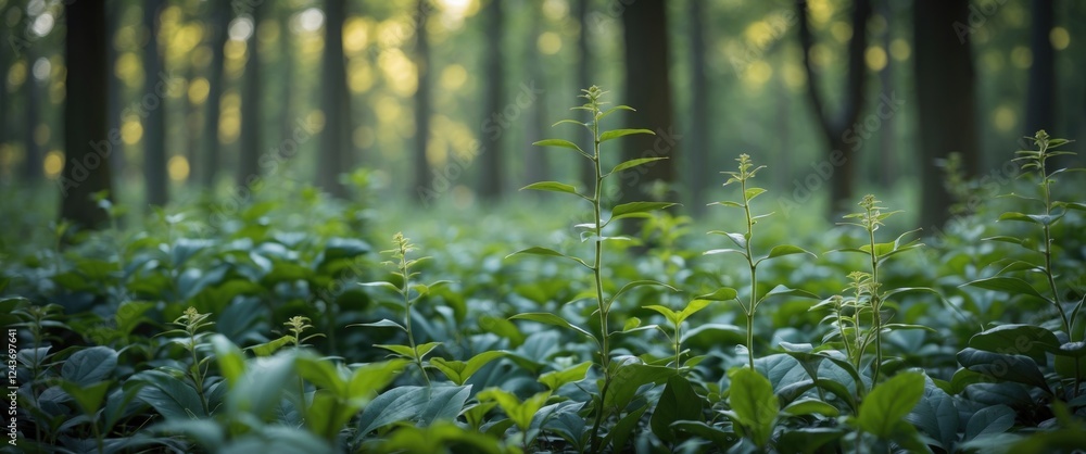 Poster dense green foliage with selective focus in a tranquil forest setting illuminated by soft natural li