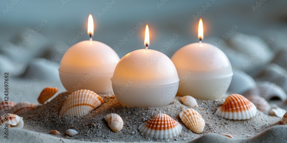 Poster three spherical candles on a sandy base with seashells creating a calming coastal atmosphere and spa