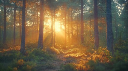 Obraz premium Tranquil forest bathed in soft sunlight, earthy tones blending harmoniously, evoking peace and natural serenity.