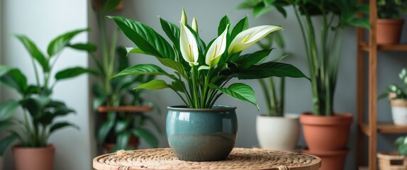 Fototapeta premium Elegant Peace Lily Houseplant in Pot with Lush Green Leaves Enhancing Indoor DÃ©cor and Purifying Air in Modern Living Space
