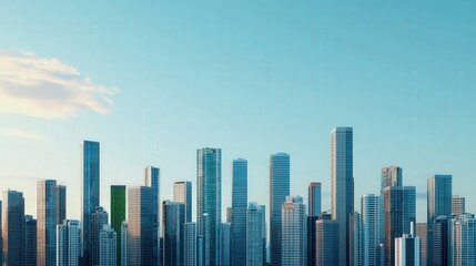 Fototapeta premium ESG sustainability and risk concept, A modern city skyline featuring tall glass skyscrapers against a clear blue sky with a few clouds.