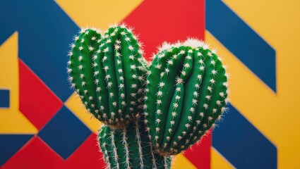 Vibrant green heart-shaped cactus against a bold geometric background featuring yellow, blue, and red shapes creating an eye-catching design.