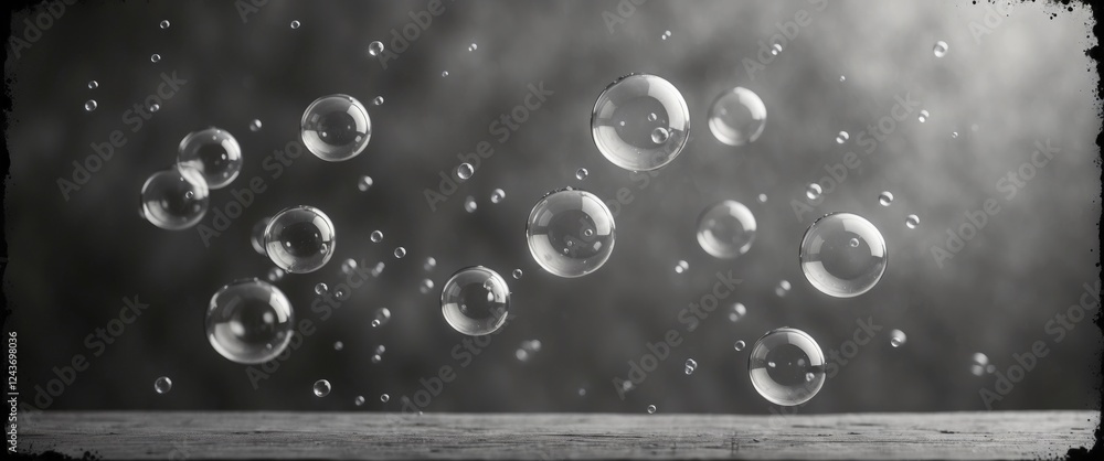 Poster black and white photograph of floating bubbles against a textured backdrop featuring a dark vignette