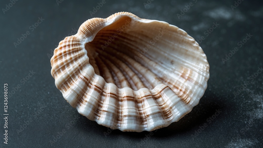 Poster beige seashell isolated on dark background with selective focus showcasing unique patterns and textu