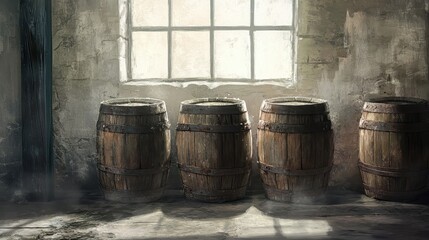 Aged Wooden Barrels in a Rustic Warehouse Interior