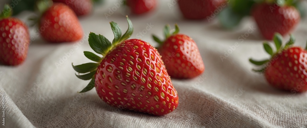 Poster fresh ripe red strawberries on a textured tablecloth with a soft focus background showcasing a vibra