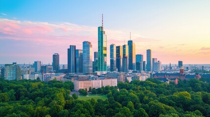Fototapeta premium ESG sustainability and risk concept, A stunning skyline view at sunset features modern skyscrapers, green parks, and a vibrant city atmosphere.