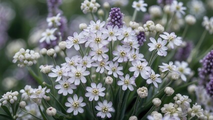 Obraz premium Delicate cluster of small white flowers with purple spots surrounded by lush greenery in a serene natural setting.