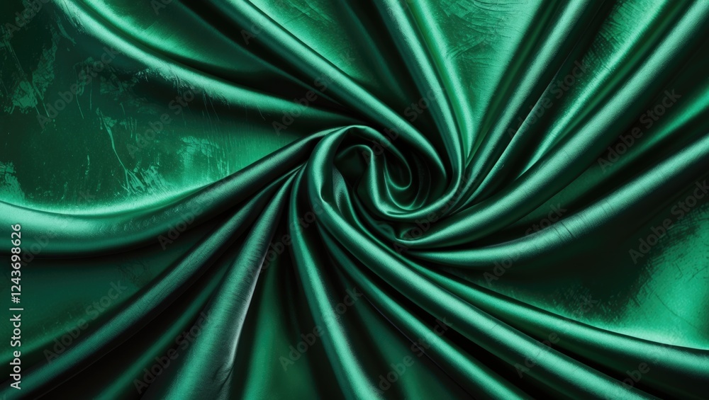 Poster luxurious dark green silk fabric with wavy folds creating an elegant texture for backgrounds and des