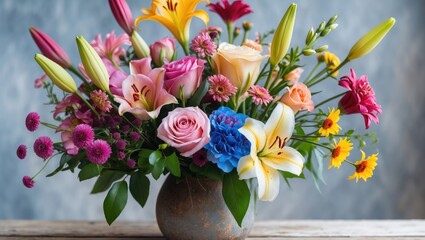 Obraz premium Colorful Floral Arrangement in a Rustic Vase with Mixed Garden Flowers Displaying Vibrant Blooms and Textures Against a Soft Background