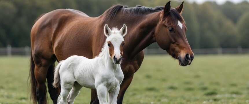 White and brown horse foal standing beside its dark brown mother in a lush green pasture with space for text overlay.