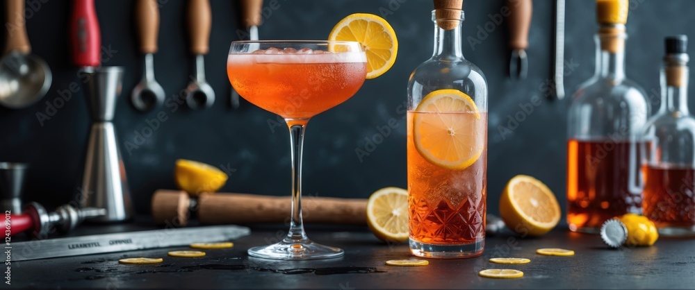 Poster aperol spritz cocktail in elegant glass on dark bar counter with refreshing citrus garnish and barte