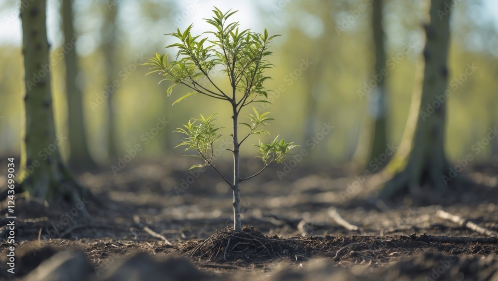 Poster new tree sapling surrounded by blurred forest, showcasing growth potential with ample space for text