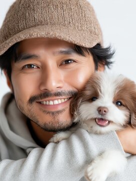 Gentle Asian male zookeeper cradles a playful baby animal against a simple white background for a heartwarming moment