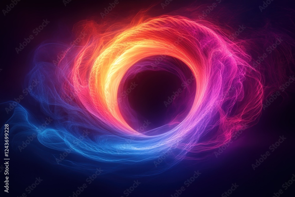 Poster abstract circular wave pattern in neon blue and purple against black background dynamic flowing desi