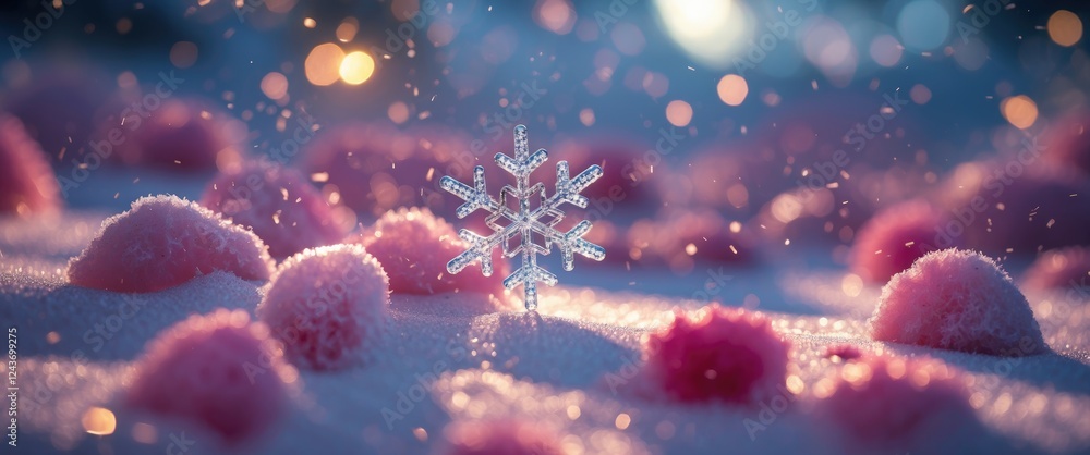 Poster delicate snowflake illuminated in a serene winter landscape with soft pastel-colored background crea
