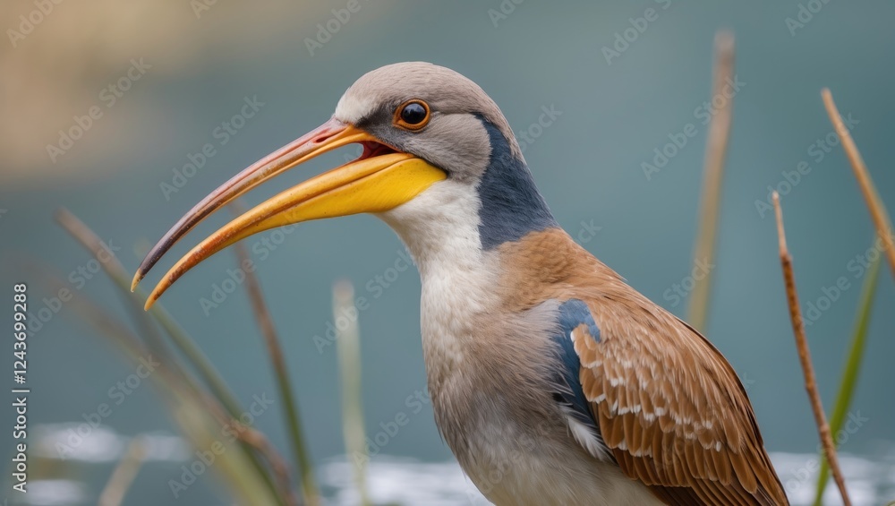 Poster asian openbill bird close-up with vibrant colors and natural background featuring empty space for te