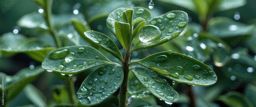 Poster close-up view of lush green leaves adorned with shimmering water droplets creating a refreshing natu