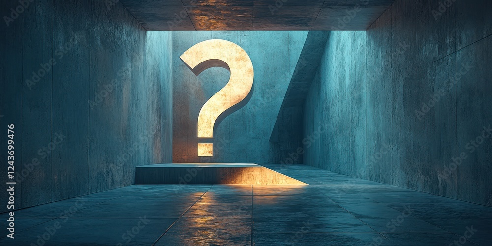 Poster surrealistic 3d floating black question marks in dark space with soft lighting and shadows