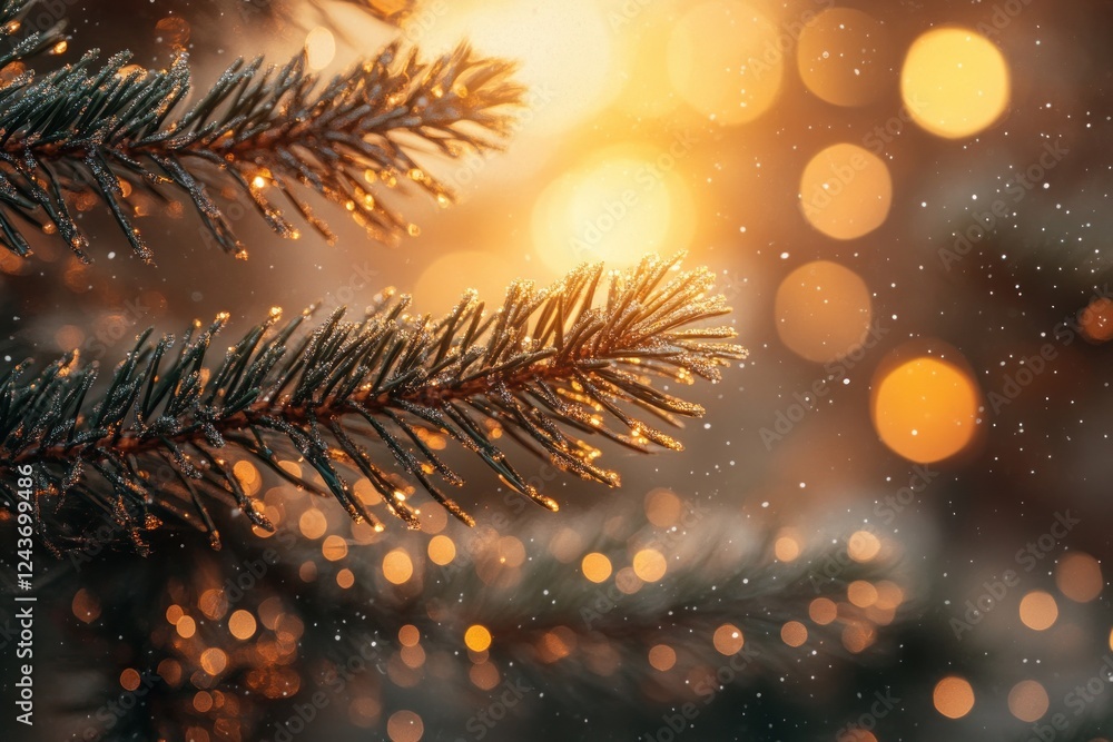 Poster close-up of pine branches with dew and bokeh effect in morning light