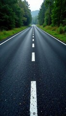 Obraz premium Newly paved black road, sharp white lines dividing lanes , motion, asphalt
