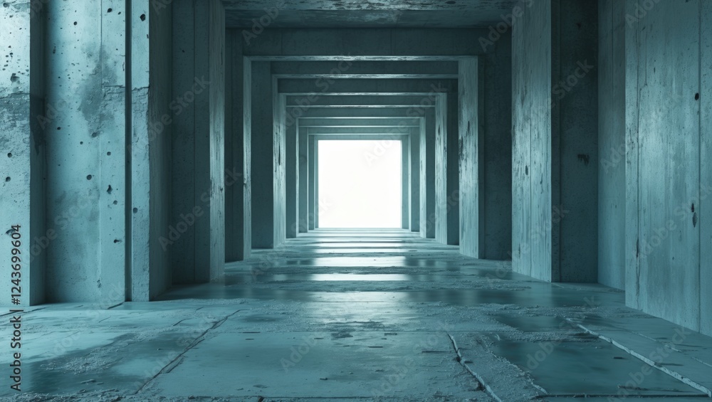 Poster mysterious perspective view of a concrete corridor with soft lighting creating a serene and abstract