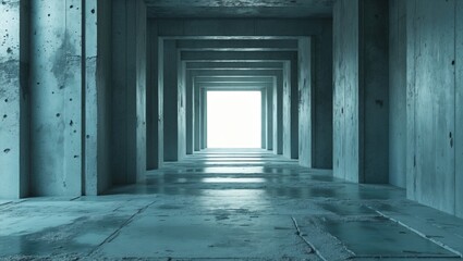 Obraz premium Mysterious perspective view of a concrete corridor with soft lighting creating a serene and abstract atmosphere for modern designs.