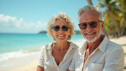 Obraz premium A mature German couple is shown vacationing on a tropical seaside beach, enjoying their time in the warmth of the sun