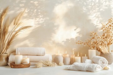 Conjunto de itens de spa com toalhas, velas e elementos decorativos em tons neutros, capturados com luz natural suave, criado com IA generativa.
