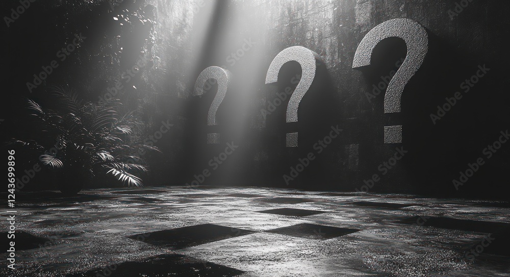 Poster three-dimensional black question marks on dark background abstract art