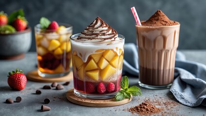 Refreshing low calorie fruit drink topped with creamy swirls and chocolate, served with iced tea and chocolate drink on stylish table setting.