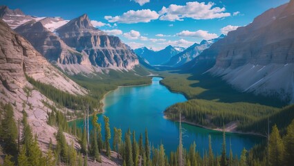 Obraz premium Aerial panorama of pristine Lake Louise embraced by towering mountains and lush forests in Alberta, Canada under a bright blue sky.