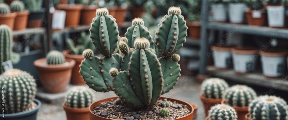 Poster gymnocalycium cactus in a garden setting with potted plants and empty space for text ideal for botan