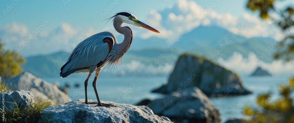 Poster graceful heron perched on a rock by the water with mountains and clouds in the background creating a