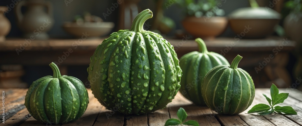Poster bitter melons on a rustic wooden table showcasing their unique green texture and shape in a natural 