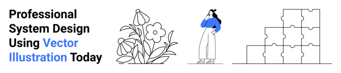 Flowering plants, puzzled professional woman, stacked puzzle pieces. Ideal for creativity, problem-solving, system design, modern business, decision-making, organization flat landing page banner