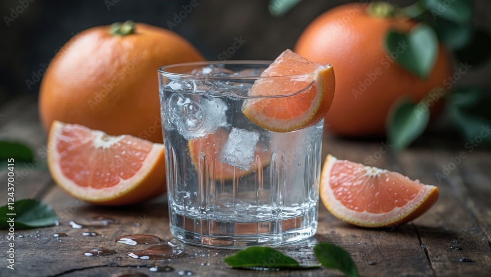 Poster refreshing glass of water with grapefruit slices and fresh grapefruit in the background on rustic wo