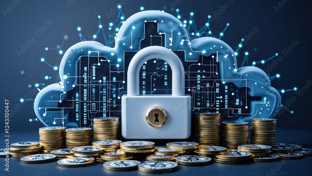 Aufkleber cloud computing lock concept with money and digital security elements