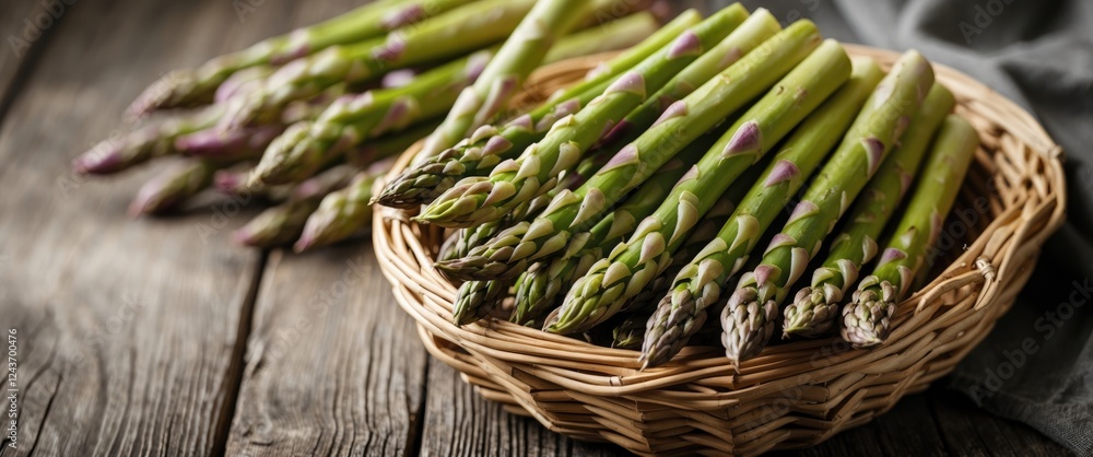 Aufkleber fresh green asparagus stalks in a rustic woven basket with wooden background and empty space for tex