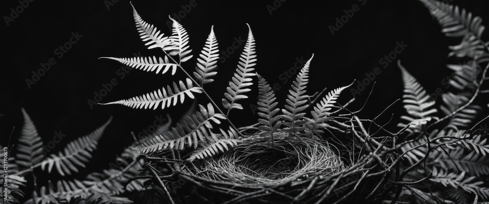 Poster black and white image of a bird's nest with fern leaves against a dark background creating a serene 
