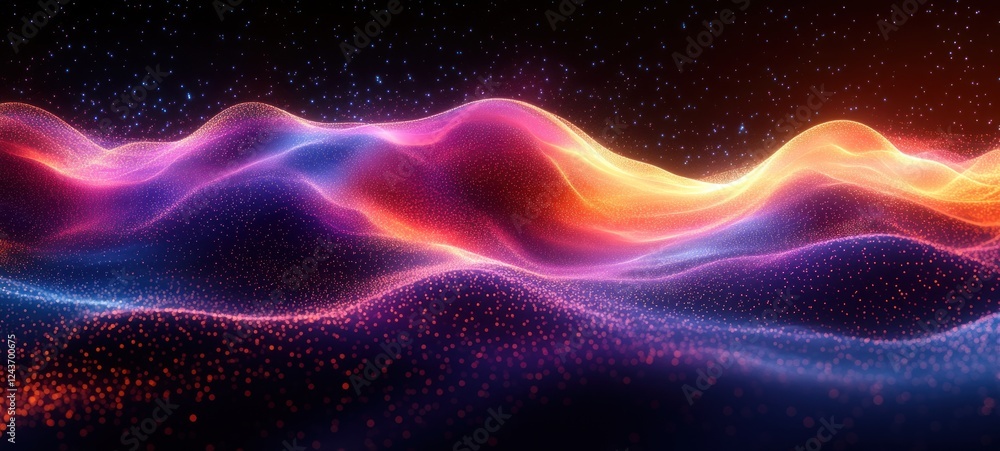 Poster dynamic wave pattern of glowing dots in purple teal gradient against black background
