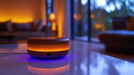 Cozy living room ambiance with a glowing diffuser on a table, creating a serene atmosphere